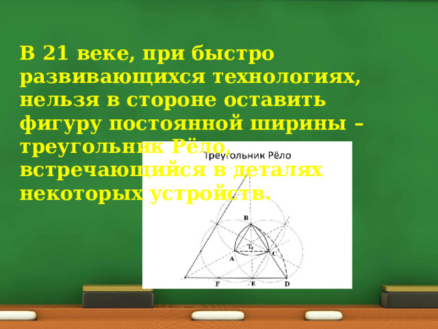 В 21 веке, при быстро развивающихся технологиях, нельзя в стороне оставить фигуру постоянной ширины – треугольник Рёло, встречающийся в деталях некоторых устройств. 