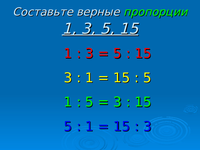 Составьте верные пропорции  1, 3, 5, 15 1 : 3 = 5 : 15 3 : 1 = 15 : 5 1 : 5 = 3 : 15 5 : 1 = 15 : 3 