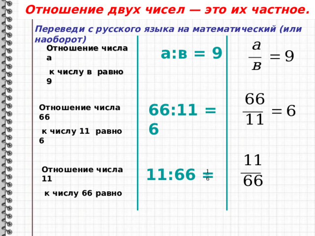 Отношение двух чисел — это их частное. Переведи с русского языка на математический (или наоборот) Отношение числа а   к числу в  равно 9 а:в = 9 66 : 11 = 6 Отношение числа 66  к числу 11 равно 6 Отношение числа 11  к числу 66 равно 11 : 66 = 
