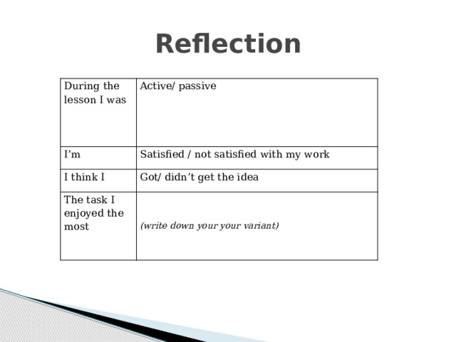 Reflection During the lesson I was Active/ passive I’m Satisfied / not satisfied with my work I think I Got/ didn’t get the idea The task I enjoyed the most   (write down your your variant) 