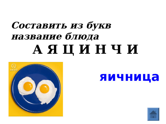 Составить из букв название блюда А Я Ц И Н Ч И  яичница  