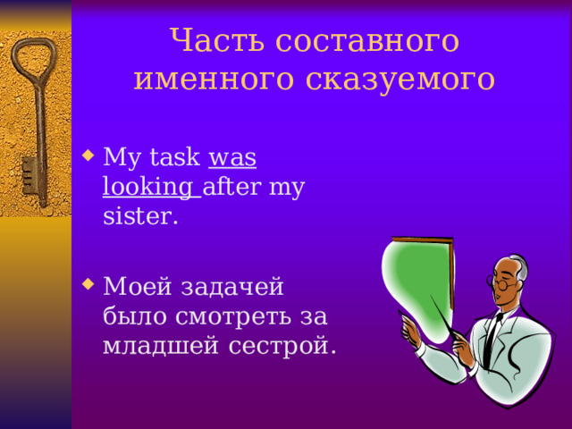 Часть составного именного сказуемого My task was looking after my sister.  Моей задачей было смотреть за младшей сестрой.  