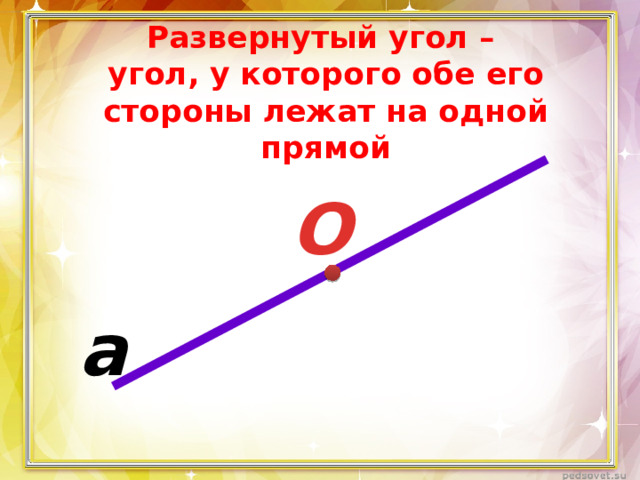 Развернутый угол –  угол, у которого обе его стороны лежат на одной прямой О а 