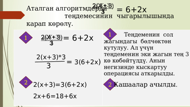   Аталган алгоритмдерди теңдемесинин чыгарылышында карап көрөлү. = 6+2х 1  Теңдеменин сол жагындагы бөлчөктөн кутулуу. Ал үчүн теңдеменин эки жагын тең 3 кө көбөйтүлдү. Анын негизинде кыскартуу операциясы аткарылды. 1 = 6+2х   2(х+3)*3 = 3(6+2х ) 3 2(х+3)=3(6+2х) 2х+6=18+6х 2 2 Кашаалар ачылды . 