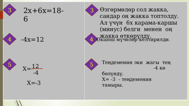 3 3 2х+6х=18-6 Өзгөрмөлөр сол жакка, сандар оң жакка топтолду. Ал үчүн 6х карама-каршы (минус) белги менен оң жакка өткөрүлдү. 4 4 -4x=12 Окшош мүчөлөр келтирилди . Теңдеменин эки жагы тең -4 кө бөлүндү. 5 5 Х= -3 - теңдеменин тамыры. 12 X= -4 X=-3 