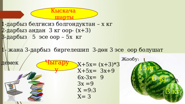 Кыскача шарты 1-дарбыз белгисиз болгондуктан – х кг 2-дарбыз андан 3 кг оор- (х+3) 3-дарбыз 5 эсе оор – 5х кг 1- жана 3-дарбыз биргелешип 3-дөн 3 эсе оор болушат демек Жообу: Х+5х= (х+3)*3 Х+5х= 3х+9 6х-3х= 9 3х =9 Х =9:3 Х= 3 Чыгаруу : 15кг 6 кг 3 кг 