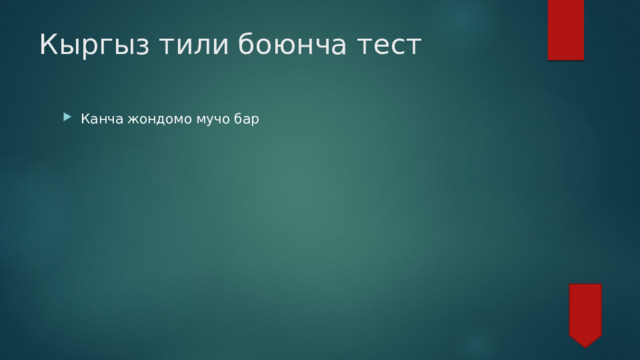 Кыргыз тили боюнча тест Канча жондомо мучо бар 