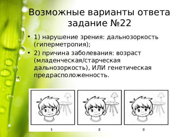 Возможные варианты ответа задание №22 1) нарушение зрения: дальнозоркость (гиперметропия); 2) причина заболевания: возраст (младенческая/старческая дальнозоркость), ИЛИ генетическая предрасположенность. 