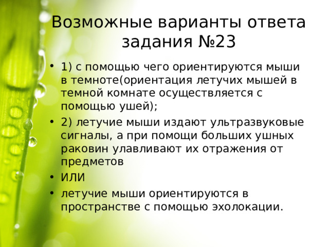 Возможные варианты ответа задания №23 1) с помощью чего ориентируются мыши в темноте(ориентация летучих мышей в темной комнате осуществляется с помощью ушей); 2) летучие мыши издают ультразвуковые сигналы, а при помощи больших ушных раковин улавливают их отражения от предметов ИЛИ летучие мыши ориентируются в пространстве с помощью эхолокации.  