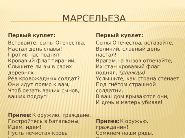 Марсельеза Первый куплет: Вставайте, сыны Отечества,  Настал день славы!  Против нас поднят  Кровавый флаг тирании,  Слышите ли вы в своих деревнях  Рёв кровожадных солдат?  Они идут прямо к вам,  Чтоб резать ваших сынов, ваших подруг! Первый куплет: Сыны Отечества, вставайте,  Великий, славный день настал!  Врагам на вызов отвечайте,  Их стан кровавый флаг поднял,  (дважды)  Услышьте, как страна стенает  Под гнётом страшной солдатни,  В ваш дом врываются они,  И дочь и матерь убивая!  Припев: К оружию, граждане,  Постройтесь в батальоны,  Идем, идем!  Пусть нечистая кровь  Пропитает наши поля!  Припев: К оружью, гражданин!  Сомкнём наши ряды,  Вперёд, вперёд!  И нивы наши и сады,  Вмиг кровь нечистая зальёт!    
