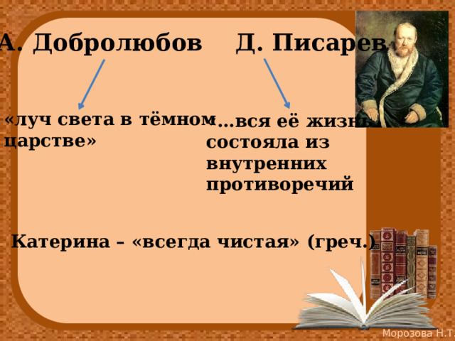 А. Добролюбов Д. Писарев «луч света в тёмном царстве»  «…вся её жизнь состояла из внутренних противоречий Катерина – «всегда чистая» (греч.)  