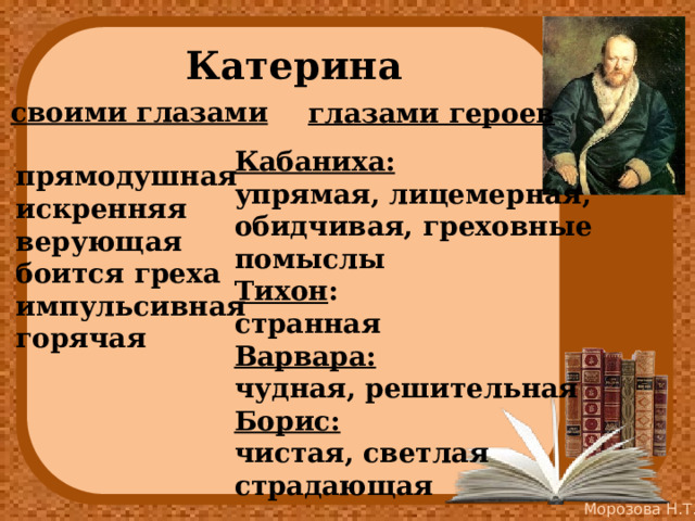 Катерина своими глазами глазами героев Кабаниха: упрямая, лицемерная, обидчивая, греховные помыслы Тихон : странная Варвара: чудная, решительная Борис: чистая, светлая страдающая прямодушная искренняя верующая боится греха импульсивная горячая   