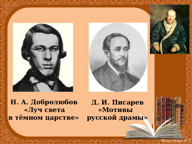  Н. А. Добролюбов  «Луч света в тёмном царстве»  Д. И. Писарев  «Мотивы  русской драмы» 