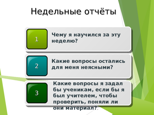 Недельные отчёты Чему я научился за эту неделю? 1 Какие вопросы остались для меня неясными?  2 Какие вопросы я задал бы ученикам, если бы я был учителем, чтобы проверить, поняли ли они материал? . 3 