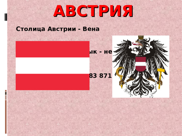 АВСТРИЯ Столица Австрии - Вена Государственный язык - немецкий Площадь Австрии - 83 871 кв. км 