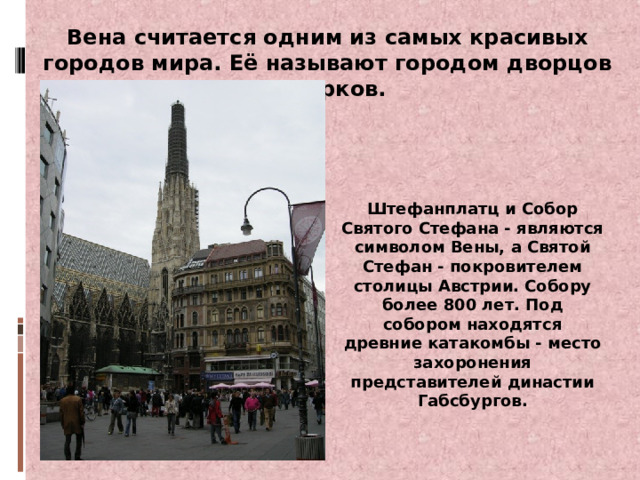Вена считается одним из самых красивых городов мира. Её называют городом дворцов и парков. Штефанплатц и Собор Святого Стефана - являются символом Вены, а Святой Стефан - покровителем столицы Австрии. Собору более 800 лет. Под собором находятся древние катакомбы - место захоронения представителей династии Габсбургов. 