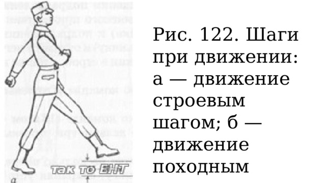 Рис. 122. Шаги при движении: а — движение строевым шагом; б — движение походным шагом 