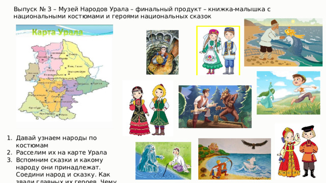 Выпуск № 3 – Музей Народов Урала – финальный продукт – книжка-малышка с национальными костюмами и героями национальных сказок Давай узнаем народы по костюмам Расселим их на карте Урала Вспомним сказки и какому народу они принадлежат. Соедини народ и сказку. Как звали главных их героев. Чему сказки нас научили? 