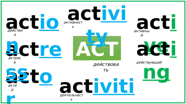 act ivity act ion act ive активность действие активный act ing act ress ACT актриса действующий действовать act or act ivities актёр деятельность 