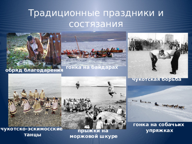 Традиционные праздники и состязания гонка на байдарах обряд благодарения чукотская борьба гонка на собачьих упряжках чукотско-эскимосские танцы прыжки на моржовой шкуре 