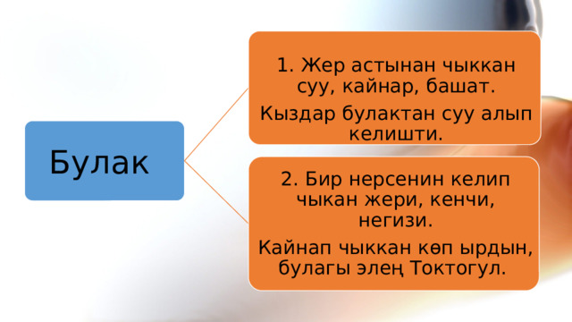 1. Жер астынан чыккан суу, кайнар, башат. Кыздар булактан суу алып келишти. Булак  2. Бир нерсенин келип чыкан жери, кенчи, негизи. Кайнап чыккан көп ырдын, булагы элең Токтогул.  