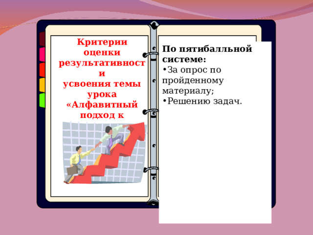 Критерии оценки результативности усвоения темы урока «Алфавитный подход к измерению информации»                       По пятибалльной системе: За опрос по пройденному материалу; Решению задач.                      5 