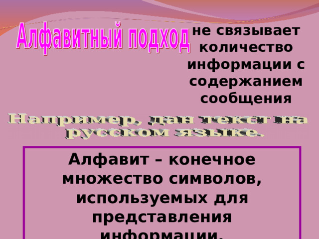 не связывает количество информации с содержанием сообщения Алфавит – конечное множество символов, используемых для представления информации. 