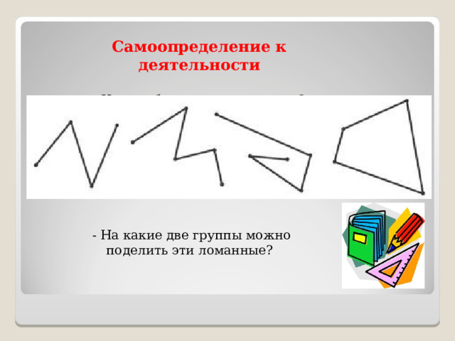 Самоопределение к деятельности  - Что изображено на рисунках? - На какие две группы можно поделить эти ломанные? 