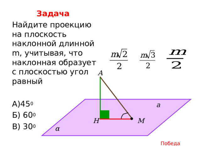 Задача Найдите проекцию на плоскость наклонной длинной m , учитывая, что наклонная образует с плоскостью угол равный А)45 0 Б) 60 0 В) 30 0 А  а  М Н α Победа 