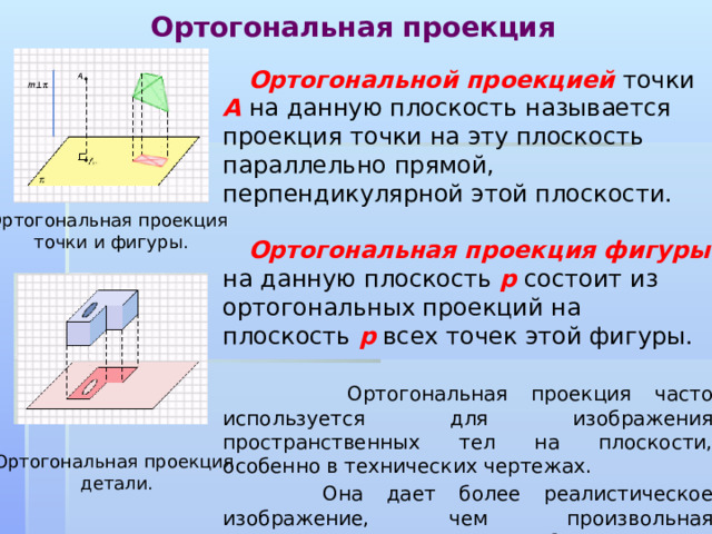 Ортогональная проекция   Ортогональной проекцией точки А  на данную плоскость называется проекция точки на эту плоскость параллельно прямой, перпендикулярной этой плоскости.  Ортогональная проекция фигуры на данную плоскость p  состоит из ортогональных проекций на плоскость p  всех точек этой фигуры.  Ортогональная проекция часто используется для изображения пространственных тел на плоскости, особенно в технических чертежах.  Она дает более реалистическое изображение, чем произвольная параллельная проекция, особенно круглых тел. Ортогональная проекция точки и фигуры. Ортогональная проекция детали. 