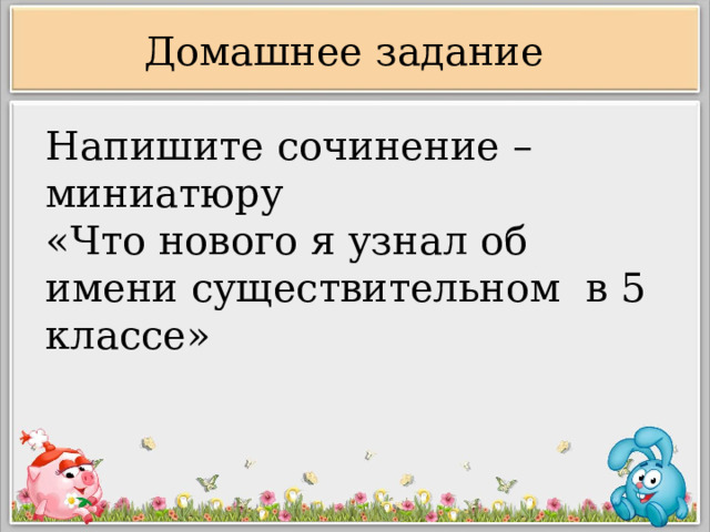 Домашнее задание Напишите сочинение – миниатюру «Что нового я узнал об имени существительном в 5 классе»  