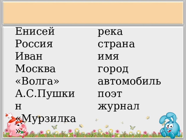 Енисей река страна Россия Иван имя Москва город «Волга» автомобиль А.С.Пушкин поэт «Мурзилка» журнал 