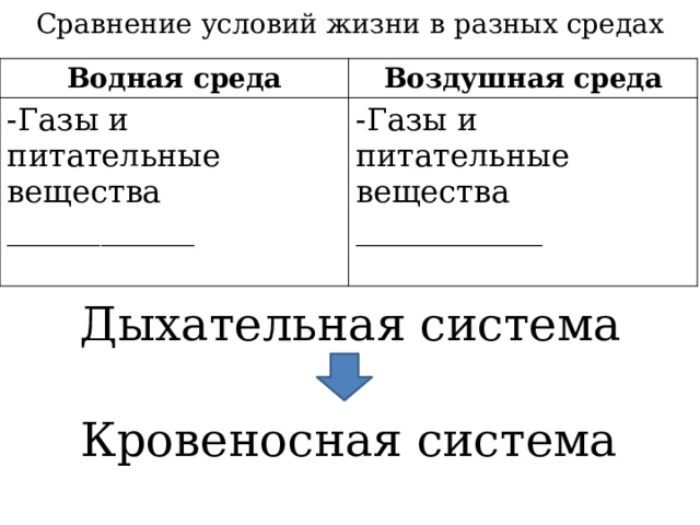 Сравнение условий жизни в разных средах Водная среда Воздушная среда -Газы и питательные вещества ____________ -Газы и питательные вещества ____________ Дыхательная система Кровеносная система 