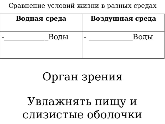 Сравнение условий жизни в разных средах Водная среда Воздушная среда -____________Воды - ____________Воды Орган зрения Увлажнять пищу и слизистые оболочки 