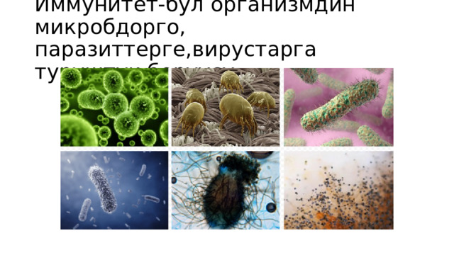Иммунитет-бул организмдин микробдорго, паразиттерге,вирустарга туруштук берүүсү. 