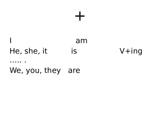+ I am He, she, it is V+ing ….. . We, you, they are 