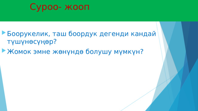  Суроо- жооп Боорукелик, таш боордук дегенди кандай түшүнөсүңөр? Жомок эмне жөнүндө болушу мүмкүн? 