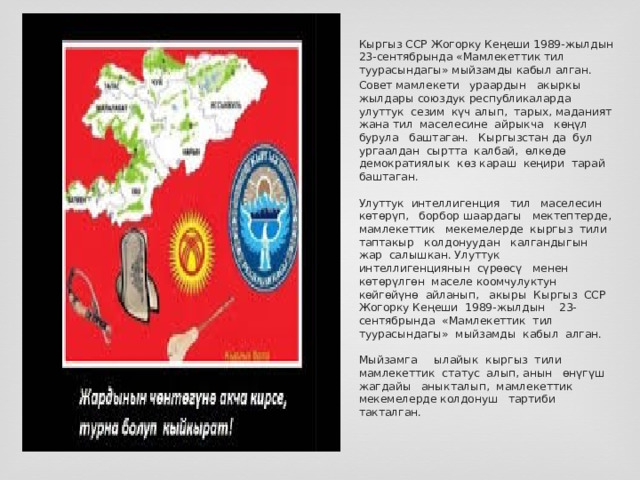 Кыргыз ССР Жогорку Кеңеши 1989-жылдын 23-сентябрында «Мамлекеттик тил туурасындагы» мыйзамды кабыл алган. Совет мамлекети ураардын акыркы жылдары союздук республикаларда улуттук сезим күч алып, тарых, маданият жана тил маселесине айрыкча көңүл бурула баштаган. Кыргызстан да бул ургаалдан сыртта калбай, өлкөдө демократиялык көз караш кеңири тарай баштаган.   Улуттук интеллигенция тил маселесин көтөрүп, борбор шаардагы мектептерде, мамлекеттик мекемелерде кыргыз тили таптакыр колдонуудан калгандыгын жар салышкан. Улуттук интеллигенциянын сүрөөсү менен көтөрүлгөн маселе коомчулуктун көйгөйүнө айланып, акыры Кыргыз ССР Жогорку Кеңеши 1989-жылдын 23-сентябрында «Мамлекеттик тил туурасындагы» мыйзамды кабыл алган.   Мыйзамга ылайык кыргыз тили мамлекеттик статус алып, анын өнүгүш жагдайы аныкталып, мамлекеттик мекемелерде колдонуш тартиби такталган. 