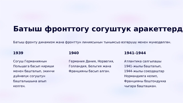  Батыш фронттогу согуштук аракеттердин журушу Батыш фронту динамизм жана фронттун линиясынын тынымсыз өзгөрүшү менен мүнөздөлгөн. 1939 1940 1941-1944 Согуш Германиянын Польшага басып кириши менен башталып, экинчи дүйнөлүк согуштун башталышына алып келген. Германия Дания, Норвегия, Голландия, Бельгия жана Францияны басып алган. Атлантика салгылашы 1941-жылы башталып, 1944-жылы союздаштар Нормандияга келип, Францияны боштондукка чыгара башташкан. 