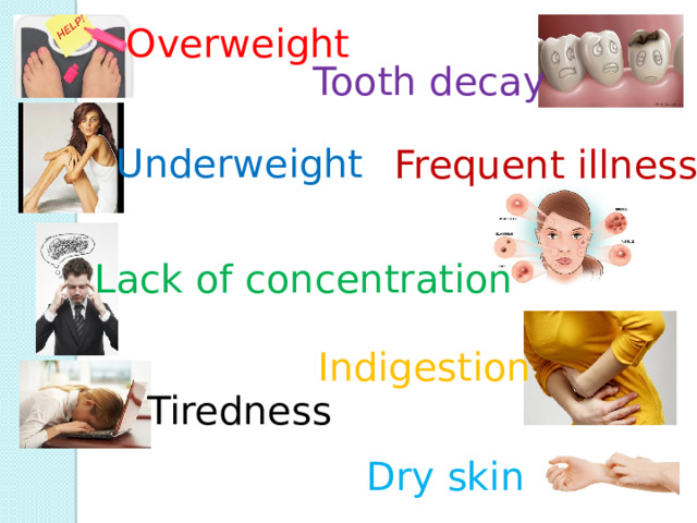 Overweight Tooth decay Underweight Frequent illness Lack of concentration Indigestion Tiredness Dry skin 