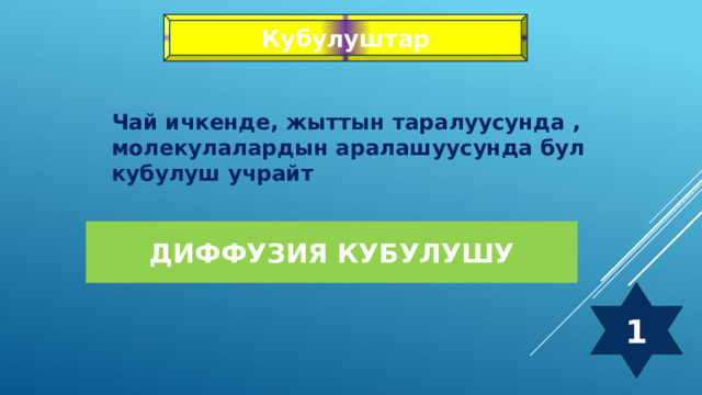 Кубулуштар Чай ичкенде, жыттын таралуусунда , молекулалардын аралашуусунда бул кубулуш учрайт Диффузия кубулушу 1 