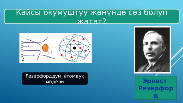 Кайсы окумуштуу жөнүндө сөз болуп жатат? Резерфорддун атомдук модели Эрнест Резерфорд 