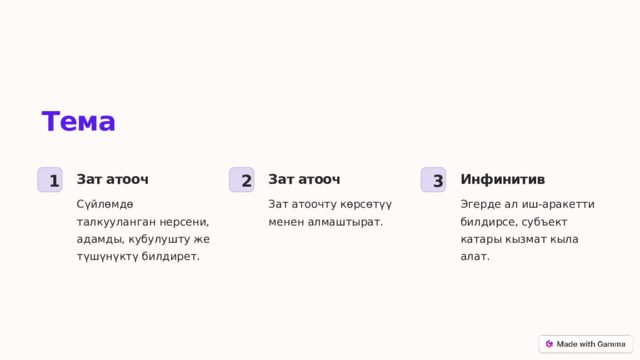 Тема Инфинитив Зат атооч Зат атооч 3 2 1 Зат атоочту көрсөтүү менен алмаштырат. Сүйлөмдө талкууланган нерсени, адамды, кубулушту же түшүнүктү билдирет. Эгерде ал иш-аракетти билдирсе, субъект катары кызмат кыла алат.  