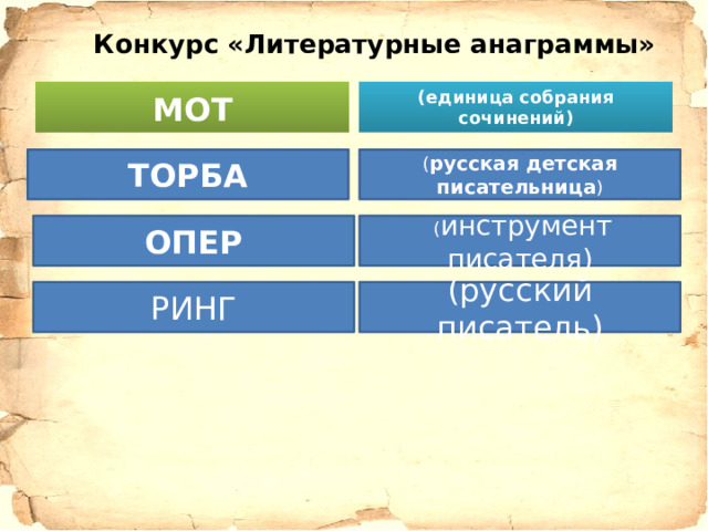 Конкурс «Литературные анаграммы» (единица собрания сочинений) МОТ ТОРБА ( русская детская писательница )  ОПЕР  ( инструмент писателя) РИНГ (русский писатель) 