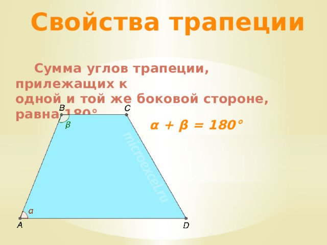 Свойства трапеции  Сумма углов трапеции, прилежащих к одной и той же боковой стороне, равна 180°. α + β = 180° 
