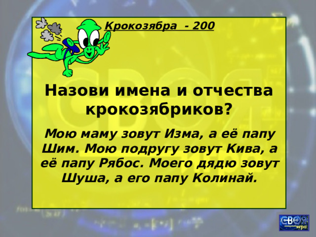 Крокозябра - 200   Назови имена и отчества крокозябриков? Мою маму зовут Изма, а её папу Шим. Мою подругу зовут Кива, а её папу Рябос. Моего дядю зовут Шуша, а его папу Колинай.  