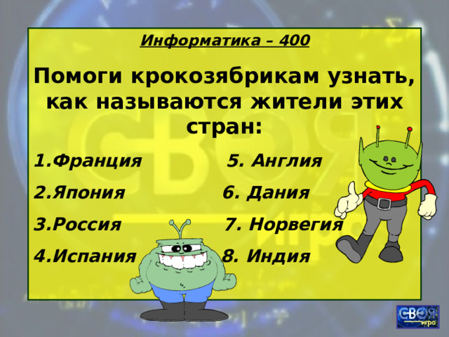 Информатика – 400 Помоги крокозябрикам узнать, как называются жители этих стран: Франция 5. Англия Япония 6. Дания Россия 7. Норвегия Испания 8. Индия  