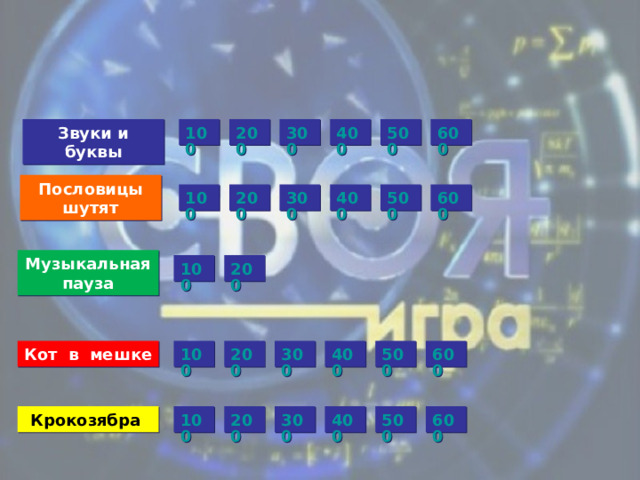 Звуки и буквы 200 100 300 400 500 600 Пословицы шутят 300 500 400 600 100 200 Музыкальная пауза 200 100 300 600 500 400 100 200 Кот в мешке Крокозябра 200 100 300 400 500 600  