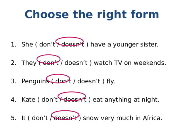 Choose the right form  She ( don’t / doesn’t ) have a younger sister.  They ( don’t / doesn’t ) watch TV on weekends.  Penguins ( don’t / doesn’t ) fly.  Kate ( don’t / doesn’t ) eat anything at night.  It ( don’t / doesn’t ) snow very much in Africa. 