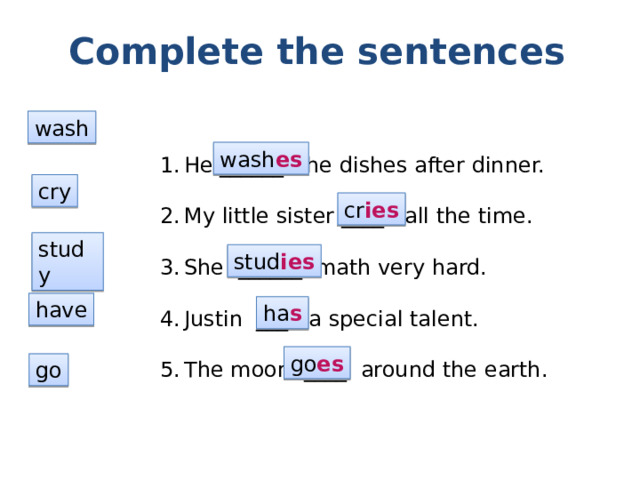 Complete the sentences wash He ______ the dishes after dinner. My little sister ____ all the time. She ______ math very hard. Justin ___ a special talent. The moon ____ around the earth. wash es cry cr ies study stud ies have ha s go es go 